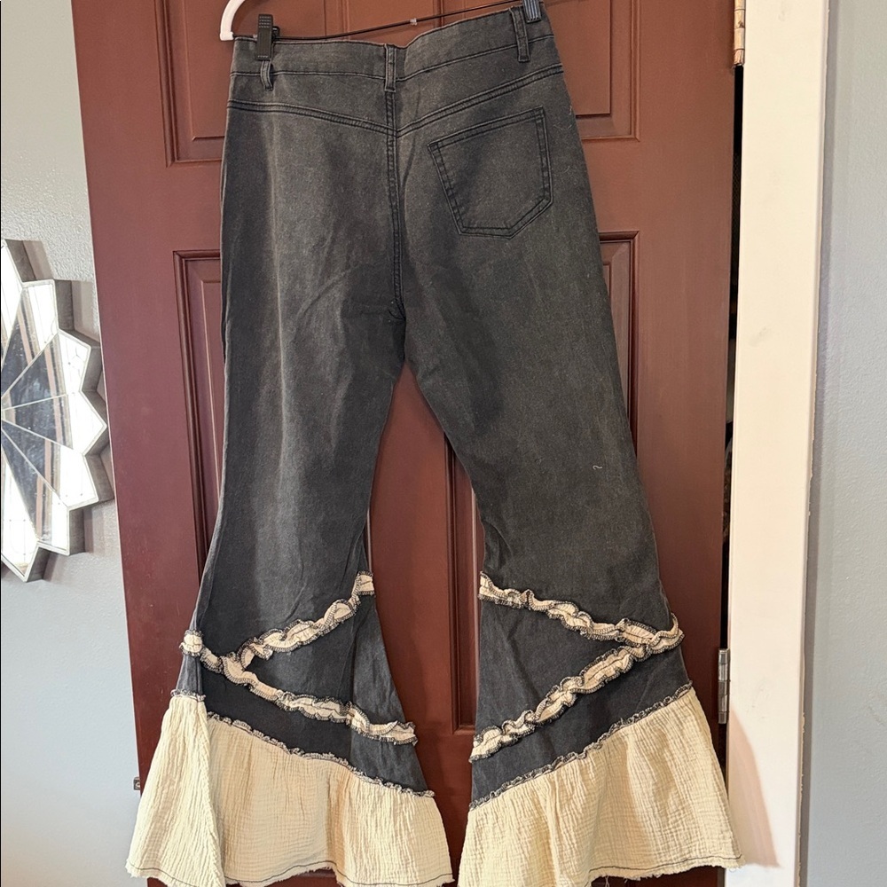 POL Black Wide Leg Flare Jeans with Cream Ruffle Trim - Picture 5 of 5
